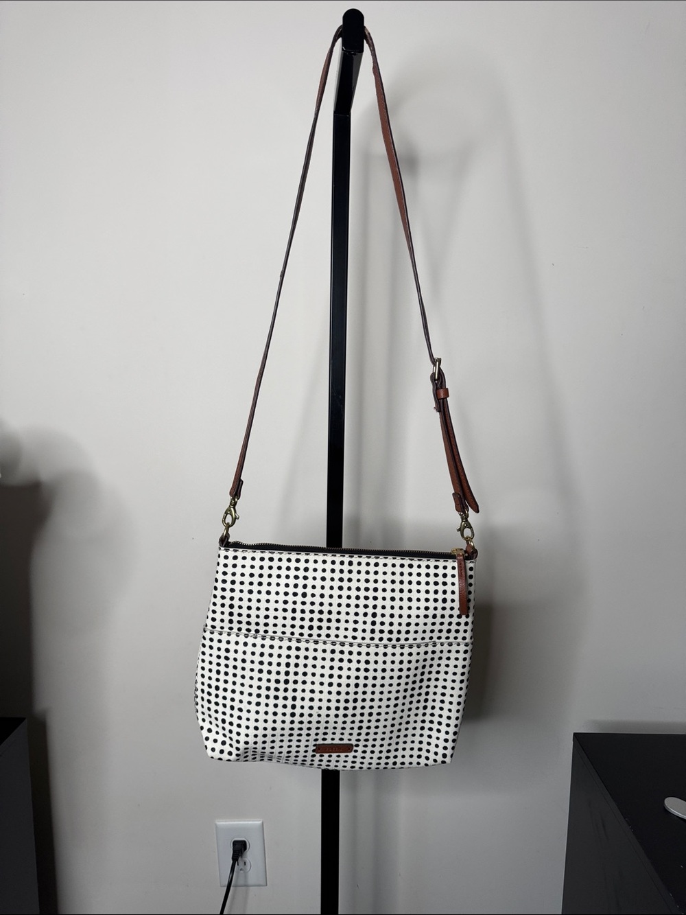 Fossil White and Black Polka Dot Crossbody with Brown Strap